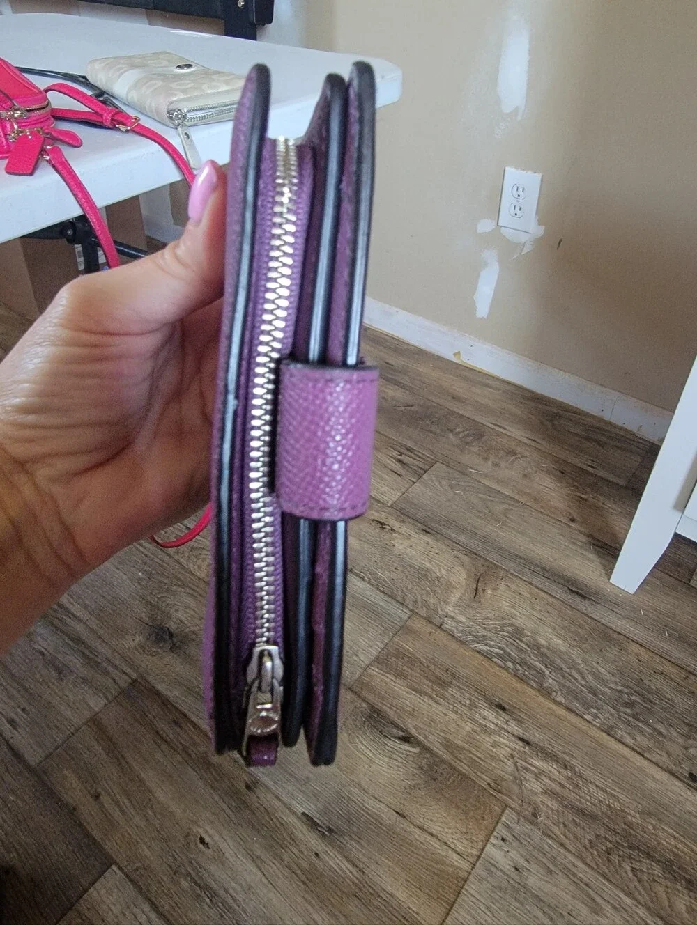 COACH Pebbled Leather Compact Wallet in Purple